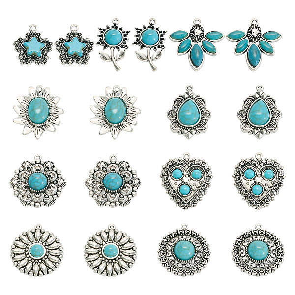 

PandaHall 18Pcs 9 Style Tibetan Style Alloy Pendants, with Synthetic Turquoise and Resin Beads, Mixed Shapes, Antique Silver...