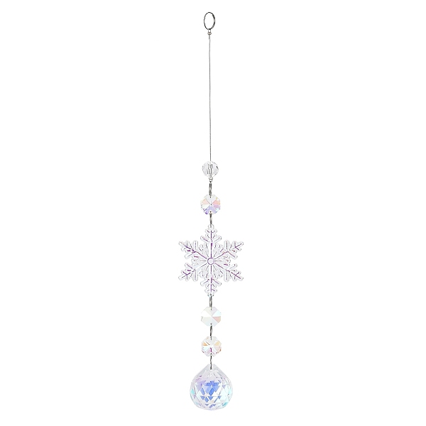 

PandaHall AB Color Glass Snowflake Pendant Decorations, Glass Charms and Iron Ring Suncatcher Window Hanging Ornament, Round, 275mm Glass..., White