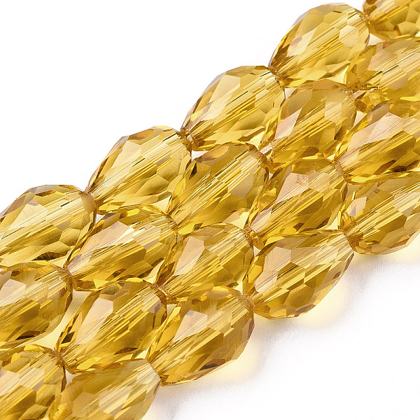 

PandaHall Glass Beads Strands, Faceted, Drop, Goldenrod, 11x8mm, Hole: 1mm, about 57~59pcs/strand, 26.38~26.77 inch Glass Teardrop Gold
