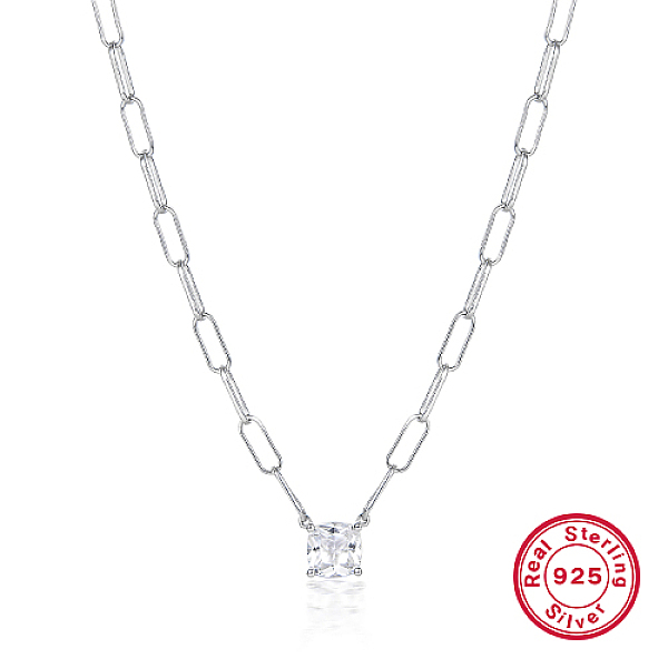 

PandaHall 925 Sterling Silver Cubic Zirconia Pendant Necklaces for Women, Paperclip Chains Necklaces, Square, 14.57 inch(37cm) Sterling...