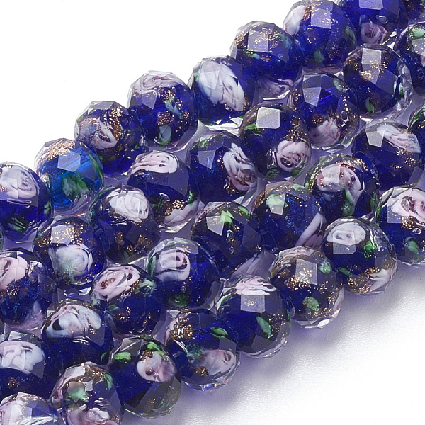 

PandaHall Handmade Gold Sand Lampwork Beads Strands, Inner Flower, Faceted Rondelle, Midnight Blue, 8x6mm, Hole: 2mm, about 70pcs/strand...
