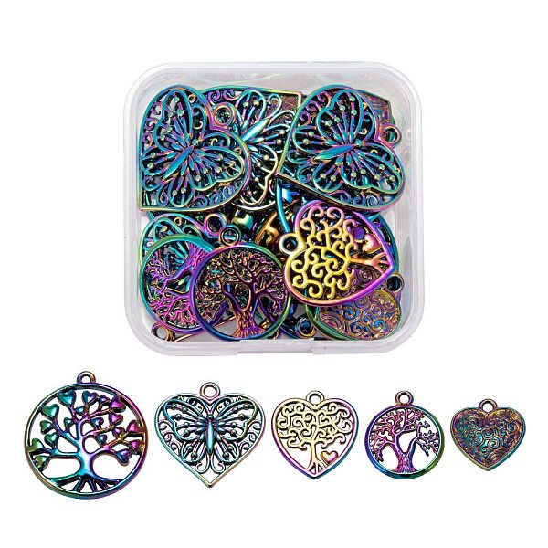 

PandaHall 20Pcs 5 Style Alloy Pendants, Cadmium Free & Nickel Free & Lead Free, Tree of life, Heart & Flat Round, Rainbow Color...