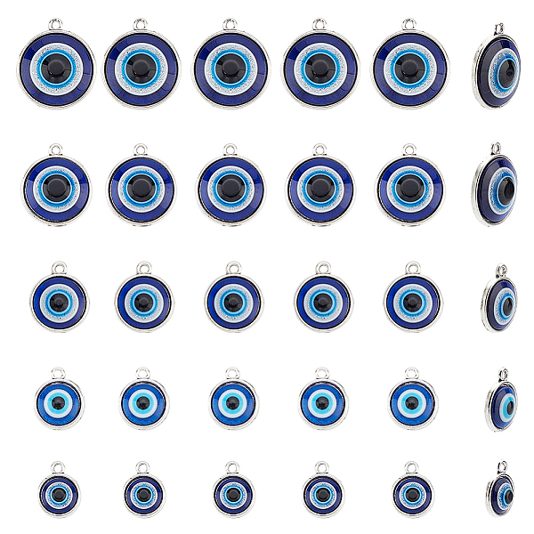

PandaHall ARRICRAFT 30Pcs 5 Style Plastic Pendants, with Alloy Findings, Flat Round with Evil Eye, Antique Silver, 16~24x12.5~22.5x4.5~5.5mm..., Blue