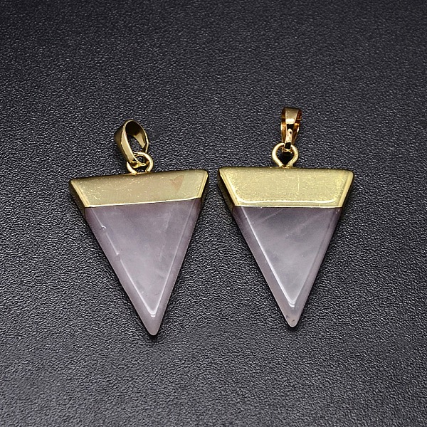 

PandaHall Natural Rose Quartz Pendants, with Golden Tone Brass Findings, Triangle, 30~35x23~28x5mm, Hole: 8x5mm Rose Quartz Triangle
