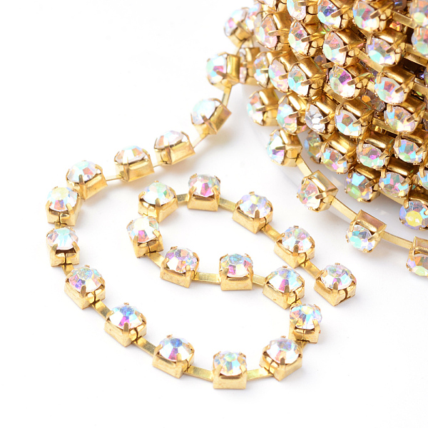 

PandaHall Brass Rhinestone Strass Chains, with Spool, Rhinestone Cup Chains, Raw(Unplated), Nickel Free, Crystal AB, 4mm, about 10yards/roll..., Clear