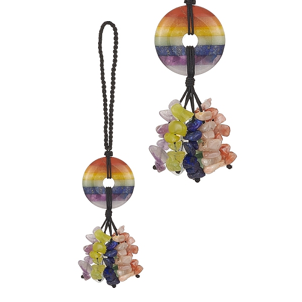 

PandaHall Chakra Natural Mixed Gemstone Pendant Decorations, with Nylon Braided Strap and Gemstone Chip Tassel Hanging Ornaments, 153mm...