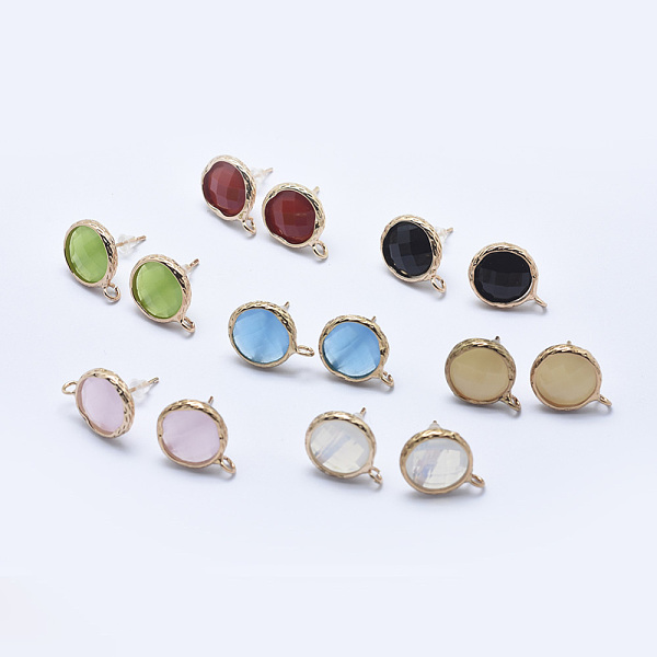

PandaHall Brass Stud Earring Findings, with Loop, Long-Lasting Plated, with Glass, Faceted, Flat Round, Light Gold, Mixed Color, 18x14mm..., Multicolor