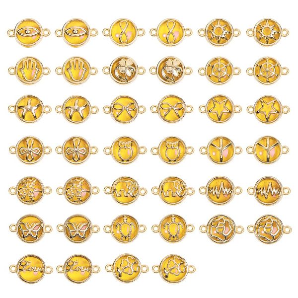 

PandaHall Glass Links Connectors, with Light Gold Plated Alloy Findings, Flat Round with Mixed Shapes, Goldenrod, 40pcs/box Alloy+Glass Flat...
