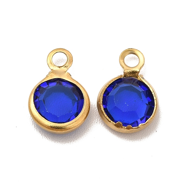 

PandaHall Ion Plating(IP) 304 Stainless Steel with Glass Charms, Real 18K Gold Plated, Faceted Flat Round, Blue, 9.5x6.5x2mm, Hole: 1.5mm...