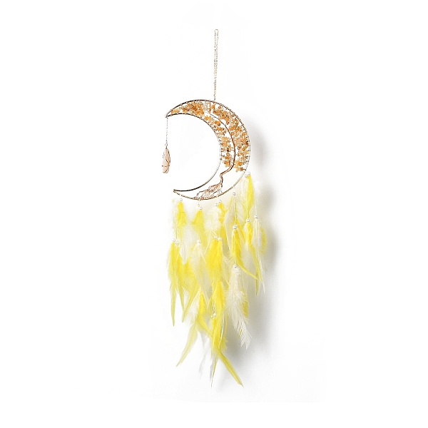 

PandaHall Natural Yellow Aventurine Chips Beaded Tree of Life Moon with Feather Pendant Decorations, with Iron Findings, for Garden Home...