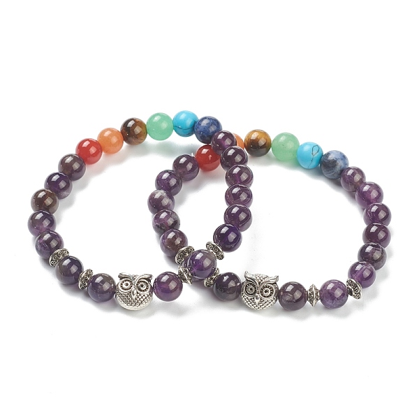 

PandaHall Chakra Jewelry, Round Natural Amethyst & Gemstone Stretch Beaded Bracelets, with Alloy Owl Beads, Antique Silver, Inner Diameter...
