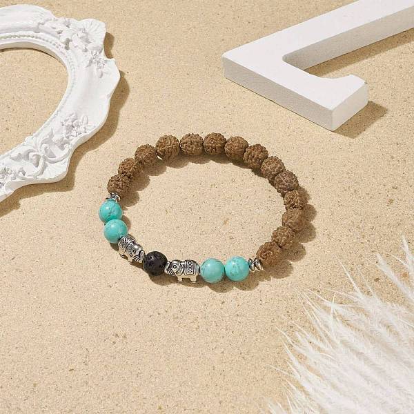 

PandaHall Natural Rudraksha Wood & Lava Rock & Synthetic Green Turquoise(Dyed) Stretch Bracelet with Alloy Elephant, Gemstone Jewelry for..., Brown