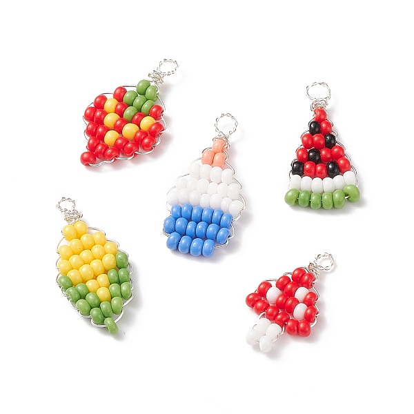 PandaHall Baking Paint Glass Seed Beaded Pendants, with Eco-Friendly Copper Wire, Strawberry & Corn & Cake, Mixed Color...