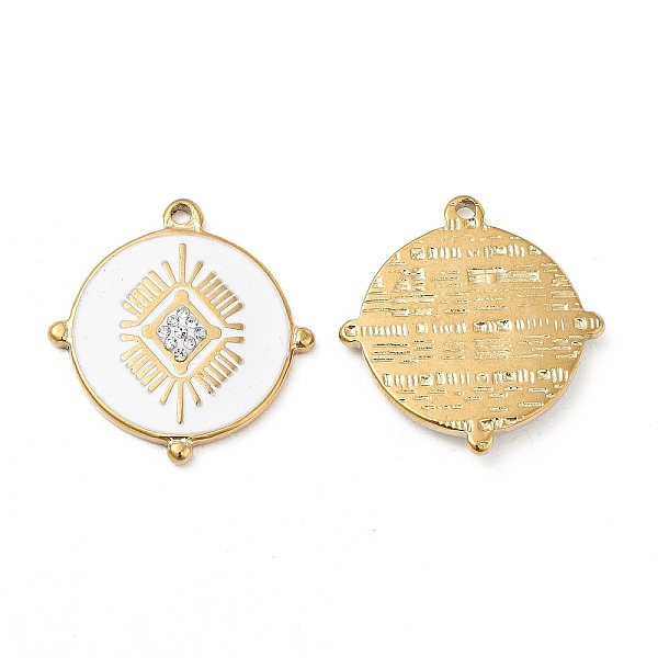 

PandaHall Vacuum Plating 201 Stainless Steel Enamel Pendants, with Rhinestones, Real 18K Gold Plated, Flat Round Charm, Crystal..., White