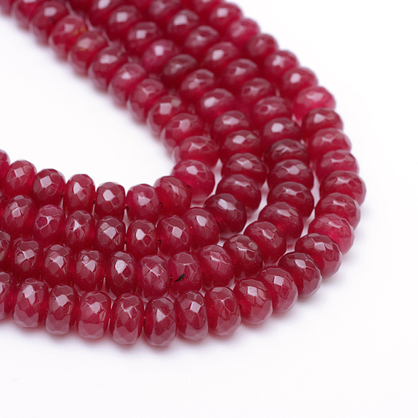 

PandaHall Faceted Rondelle Dyed Natural White Jade Bead Strands, FireBrick, 6x4~5mm, Hole: 1mm, about 85pcs/strand, 14.5~14.9 inch(37~38cm)..., Red