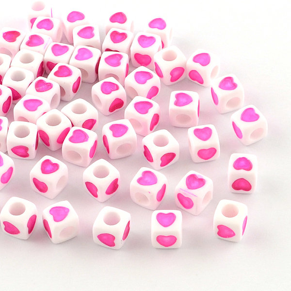 

PandaHall Opaque Acrylic European Beads, Large Hole Cube Beads, with Heart Pattern, Fuchsia, 7x7x7mm, Hole: 4mm Acrylic Cube Pink