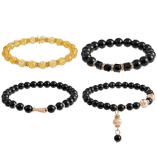

PandaHall 4Pcs 4 Style Synthetic Citrine & Natural Mashan Jade Stretch Bracelets Set with Glass Beaded, Gemstone Jewelry for Women, Inner..., Black