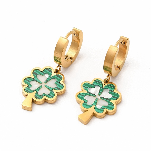 

PandaHall Ion Plating(IP) 304 Stainless Steel Hoop Earrings, Clover Shell Dangle Earrings for Women, Golden, 31mm, Pin: 0.9mm 304 Stainless..., Green
