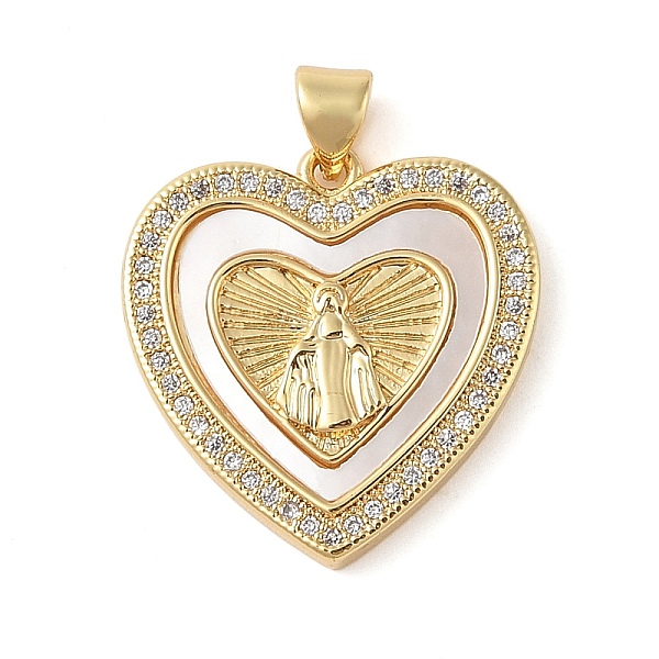 

PandaHall Brass & Shell & Clear Cubic Zirconia Pendants, Heart with Virgin Mary Pattern, Real 18K Gold Plated, 23.5x22.5x3.5mm, Hole...