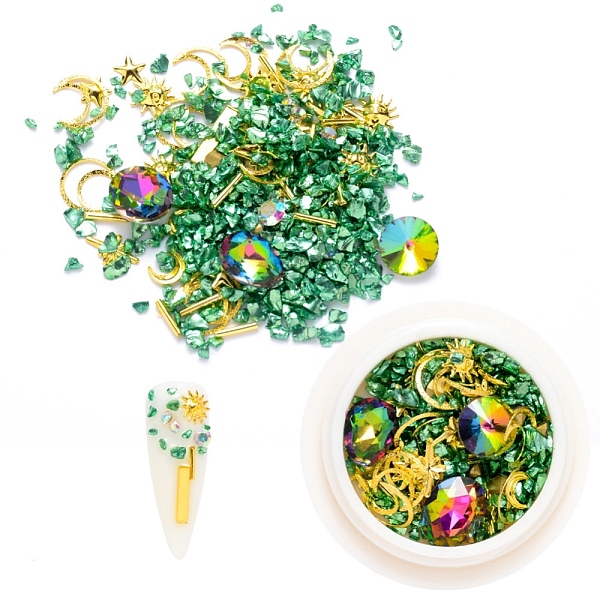 

PandaHall ail Art Decoration Accessories, with Resin Rhinestones & Golden Tone Brass Cabochons & Glass Chips, Mixed Shapes, Green...