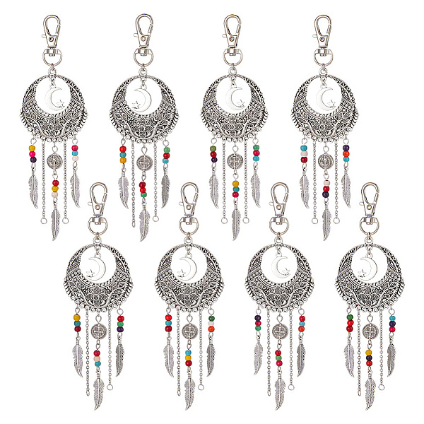 

PandaHall 8Pcs Woven Net/Web with Feather Tibetan Style Alloy Pendant Decorations, with Synthetic Turquoise Lobster Clasp Charms, Clip-on...