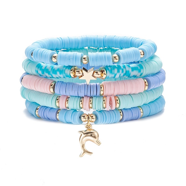 

PandaHall 5Pcs 5 Style Polymer Clay Heishi Beaded Stretch Bracelets Set with Star and Dolphin Drop, Preppy Bracelets for Women, Blue, Inner...