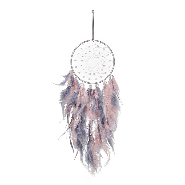 

PandaHall Iron Woven Web/Net with Feather Pendant Decorations, with Plastic Beads, Ribbon, Covered with Leather and Brass Cord, Flat Round...