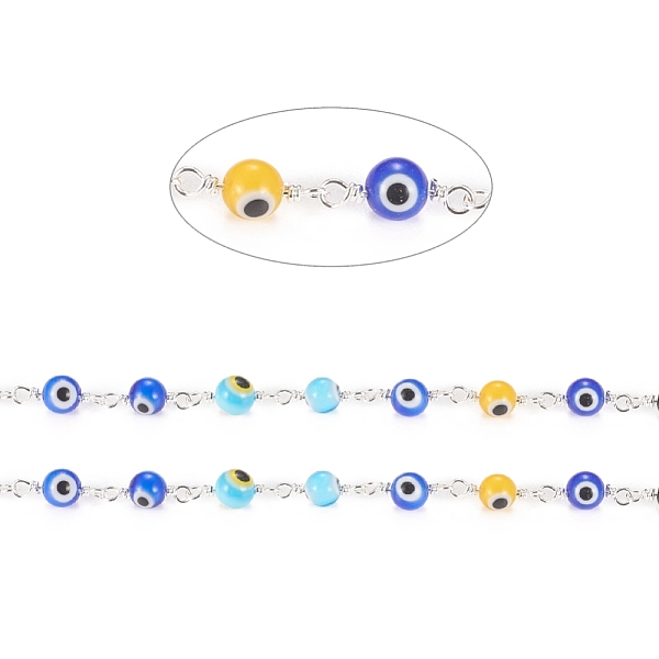 

PandaHall 3.28 Feet Handmade Evil Eye Lampwork Round Beaded Chains, with Brass Findings, Unwelded, Long-Lasting Plated, Silver, Colorful...