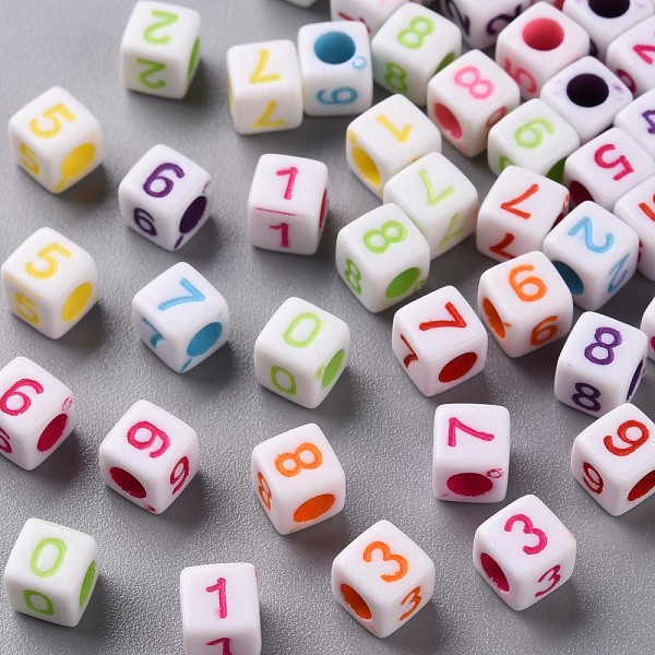 

PandaHall Opaque White Acrylic Beads, Cube with Number, Mixed Color, 6x6x6mm, Hole: 3.5mm, about 3000pcs/500g Acrylic Cube Multicolor