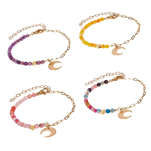 

PandaHall 4Pcs 4 Colors Brass Charm Bracelets Sets, with Dyed Natural Agate Beads and 304 Stainless Steel Lobster Claw Clasps, Moon, Golden..., Multicolor
