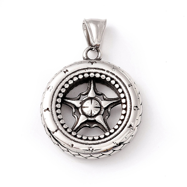 PandaHall Tibetan Style 304 Stainless Steel Pendants, Wheel, Antique Silver, 33.5x29x6mm, Hole: 8x4.5mm 304 Stainless Steel Flat Round