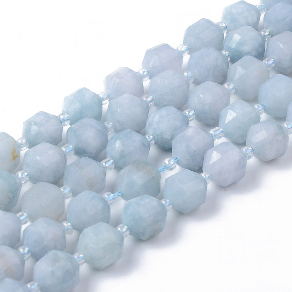 PandaHall Natural Aquamarine Beads Strands, Round, Dyed, Faceted, 8~9x10mm, Hole: 1.2mm, about 33~35pcs/strand, 15.16inch(38.5cm) Aquamarine...