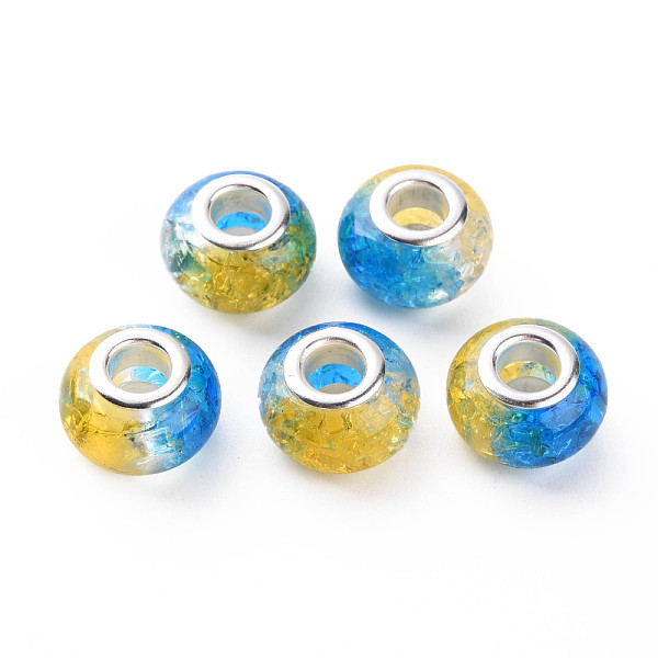 

PandaHall Crackle Two Tone Resin European Beads, Large Hole Beads, with Silver Tone Brass Double Cores, Rondelle, Yellow, 14x9.5mm, Hole...