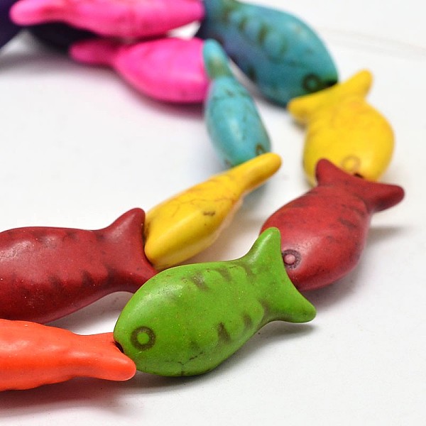 

PandaHall Fish Synthetic Turquoise Bead Strands, Dyed, Mixed Color, 12x25x7mm, Hole: 1mm, about 17pcs/strand, 15 inch Synthetic Turquoise..., Multicolor