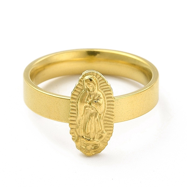 

PandaHall Vacuum Plating 304 Stainless Steel Oval with Virgin Mary Finger Ring for Women, Golden, US Size 7 1/4(17.5mm) 304 Stainless Steel