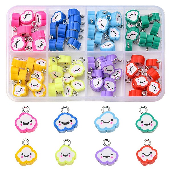

PandaHall 80Pcs 8 Colors Handmade Polymer Clay Charms, with Platinum Plated Iron Loop, Cloud with Smile, Mixed Color, 11~14x9~11.5x4mm, Hole..., Multicolor