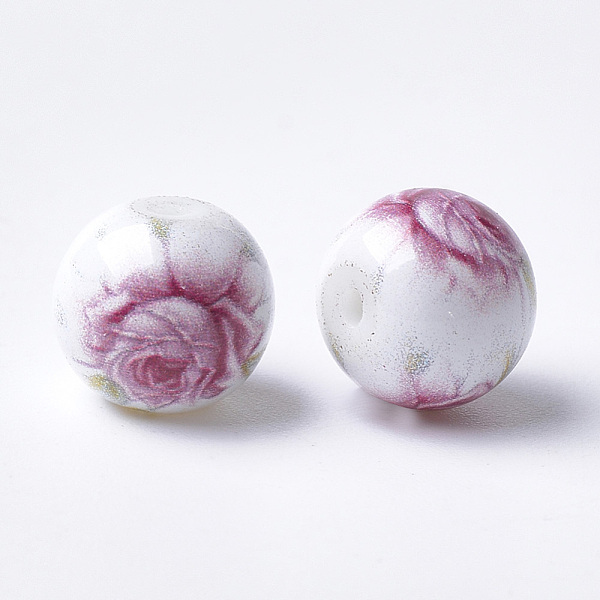 

PandaHall Printed & Spray Painted Glass Beads, Round with Flower Pattern, Pale Violet Red, 10~10.5x9.5mm, Hole: 1.6mm Glass Round