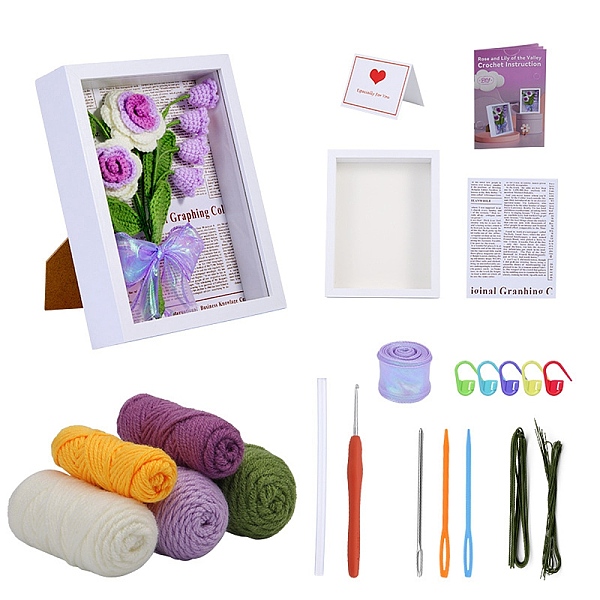 PandaHall May Lily of the Valley Yarn Knitting Beginner Kit, including Photo Frame Stand, Yarns, PP Cotton Stuffing Fiber, Ribbon, Plastic...