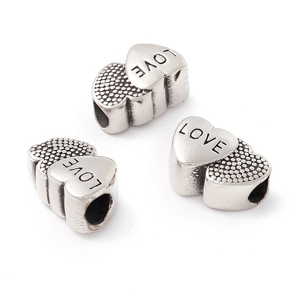 

PandaHall 304 Stainless Steel European Beads, Large Hole Beads, Manual Polishing, Double Heart with Word Love, Antique Silver, 10x15x8mm...