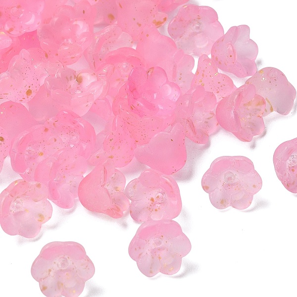Frosted Glass Bead Cap, 6-Petal Flower, with Gold Powder, Hot Pink, 11x12x8mm, Hole: 1.4mm, about 1333pcs/1000g