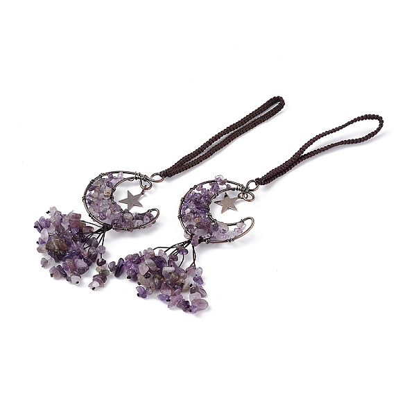 

PandaHall Natural Amethyst Moon with Chips Tassel Pendant Decorations, with Rack Plating Red Copper Plated Brass Findings, Cadmium Free &...