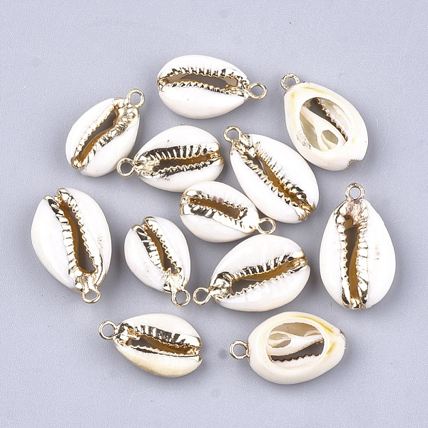 

PandaHall Electroplate Cowrie Shell Pendants, with Iron Findings, Golden, Golden, 18~24x10~14x6~7mm, Hole: 1.5mm Cowrie Shell Shell Shape
