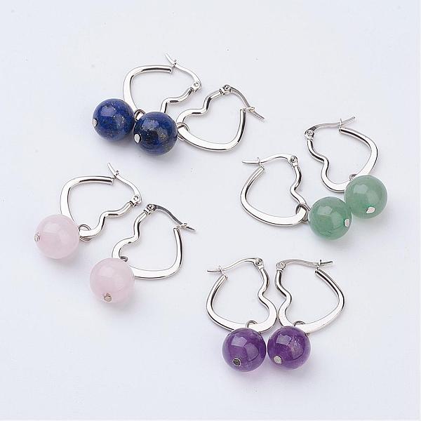 

PandaHall Natural Mixed Stone Dangle Hoop Earrings, with 304 Stainless Steel Earring Findings, Heart, 38x19mm, Pin: 0.9mm Mixed Stone Heart
