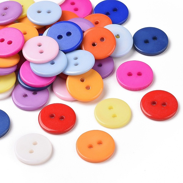 PandaHall Acrylic Shirt Buttons, 2-Hole, Dyed, Flat Round, Mixed Color, 15x1.5mm, Hole: 2mm Acrylic Flat Round Multicolor
