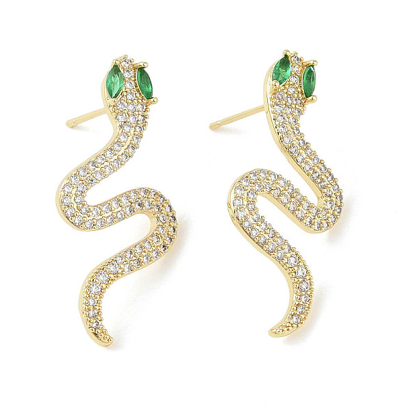 Snake Brass Pave Clear & Green Cubic Zirconia Stud Earrings For Women