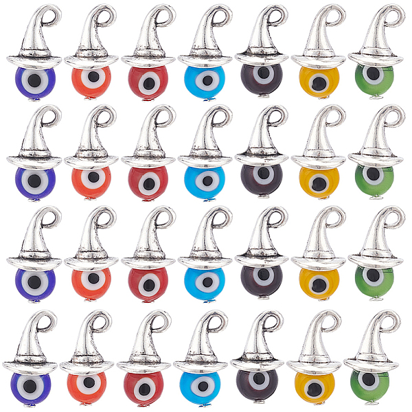 

PandaHall PH 70pcs Evil Eye Charms, Colorful Round Evil Eye Pendant Witch Hat Alloy Pendants with Evil Eye Lampwork Round Bead for DIY...