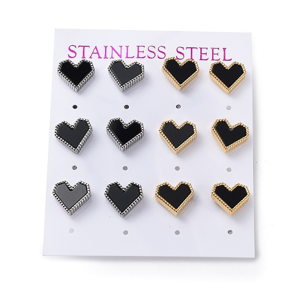 PandaHall 6 Pair 2 Color Heart Acrylic Stud Earrings, Golden & Stainless Steel Color 304 Stainless Steel Earrings, Black, 10x11mm, 3...