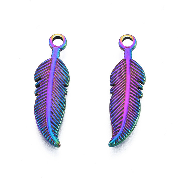 

PandaHall Ion Plating(IP) 201 Stainless Steel Pendants, Feather, Rainbow Color, 27x8x1.5mm, Hole: 2mm 201 Stainless Steel Feather