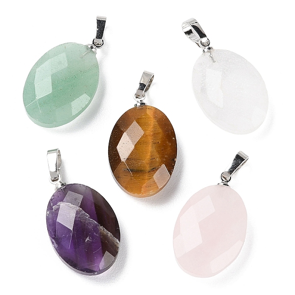

PandaHall Natural Mixed Gemstone Pendants, Faceted Oval Charms with Platinum Plated Brass Snap on Bails, 21.8x13.4~13.5x6.2mm, Hole...