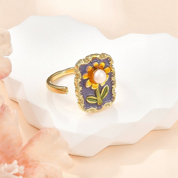 Bagues ouvertes en laiton émaillé à motif floral et perles d'eau douce naturelles pour femmes